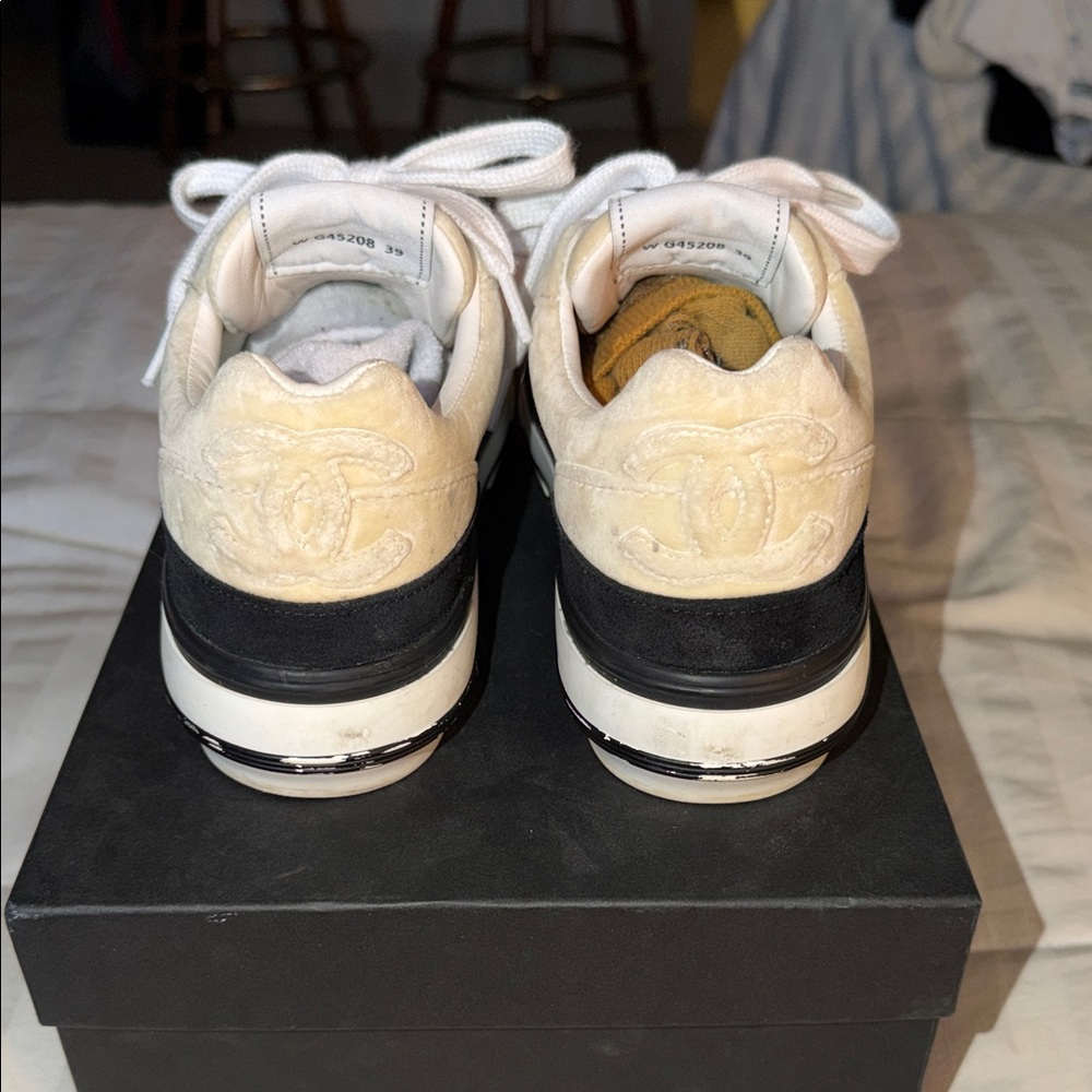 CHANEL Women’s  Beige and Black velvet sneakers. - Picture 3 of 7
